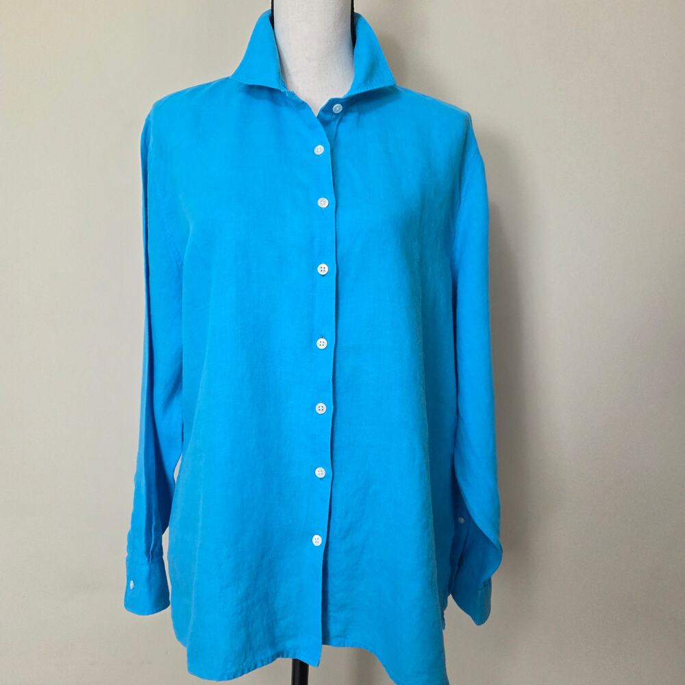 Lands' End L (14-16) Women's Long Sleeve Linen Shirt Blouse Tunic